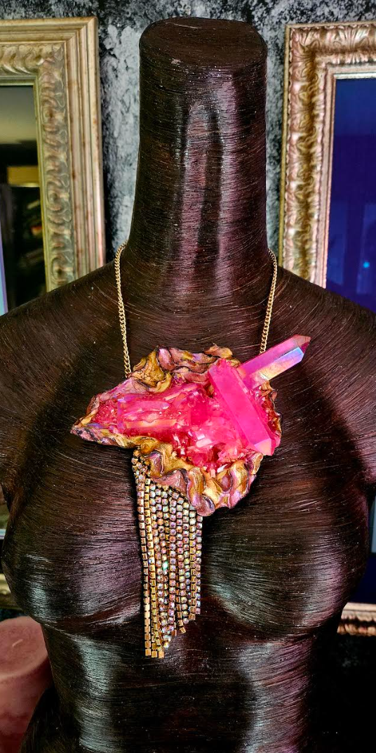 Rough Pink Aura Quartz Sculpted Gemstone Pendant & Rhinestone Fringe