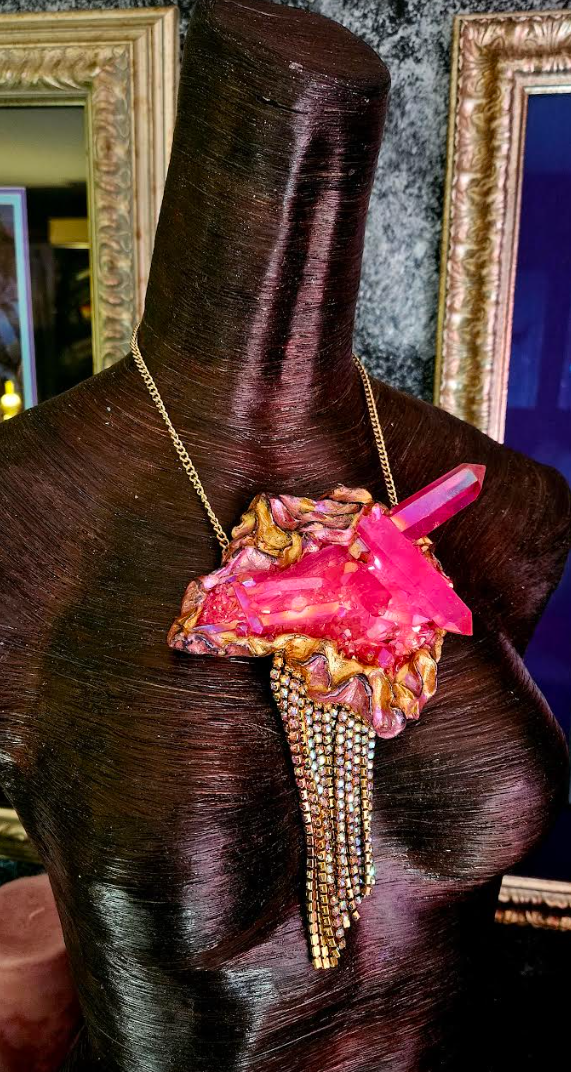 Gemmy Rough Pink Aura Quartz Sculpted Gemstone Pendant with Citrine Rh