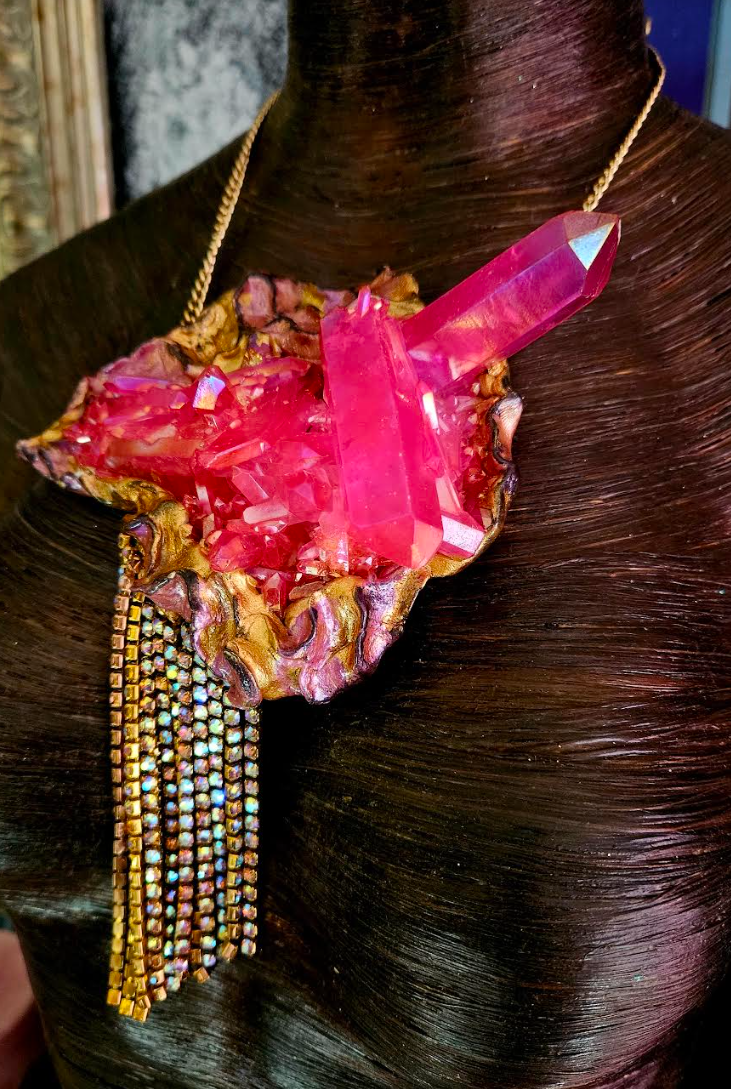 Gemmy Rough Pink Aura Quartz Sculpted Gemstone Pendant with Citrine Rh