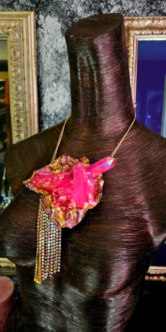 Gemmy Rough Pink Aura Quartz Sculpted Gemstone Pendant with Citrine Rh