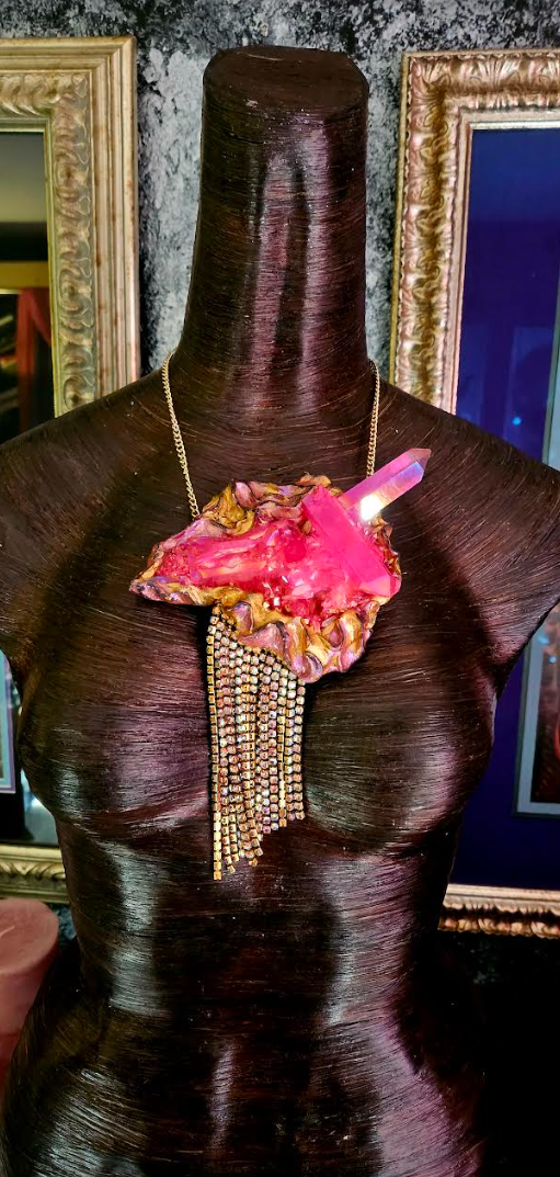 Gemmy Rough Pink Aura Quartz Sculpted Gemstone Pendant with Citrine Rh