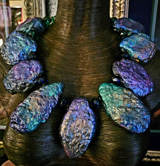 Jewel Tone Oversized Beaded Sculpted Statement Bib - Haute Couture
