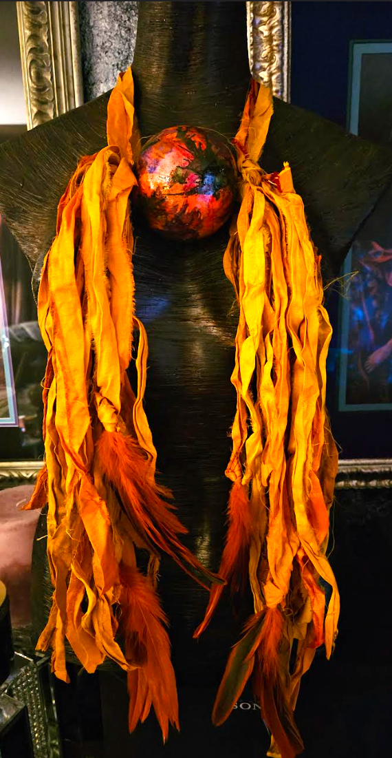 Ombre Orange Sari Silk Feather & Alcohol Ink Chest Piece - Boho Spirit