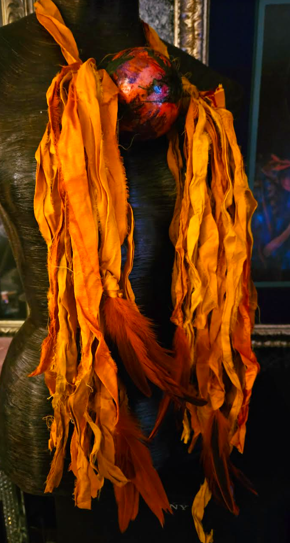 Ombre Orange Sari Silk Feather & Alcohol Ink Chest Piece - Boho Spirit