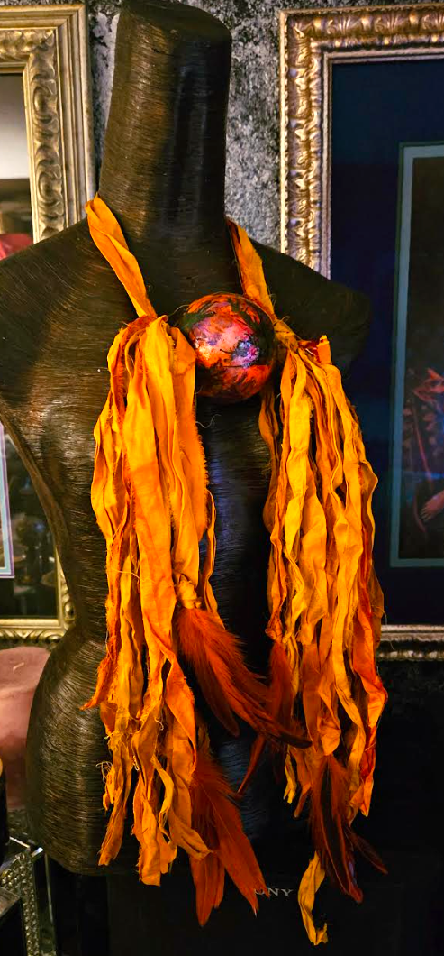 Ombre Orange Sari Silk Feather & Alcohol Ink Chest Piece - Boho Spirit