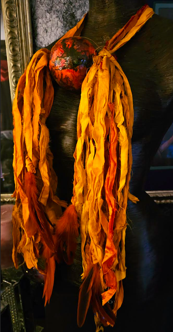 Ombre Orange Sari Silk Feather & Alcohol Ink Chest Piece - Boho Spirit