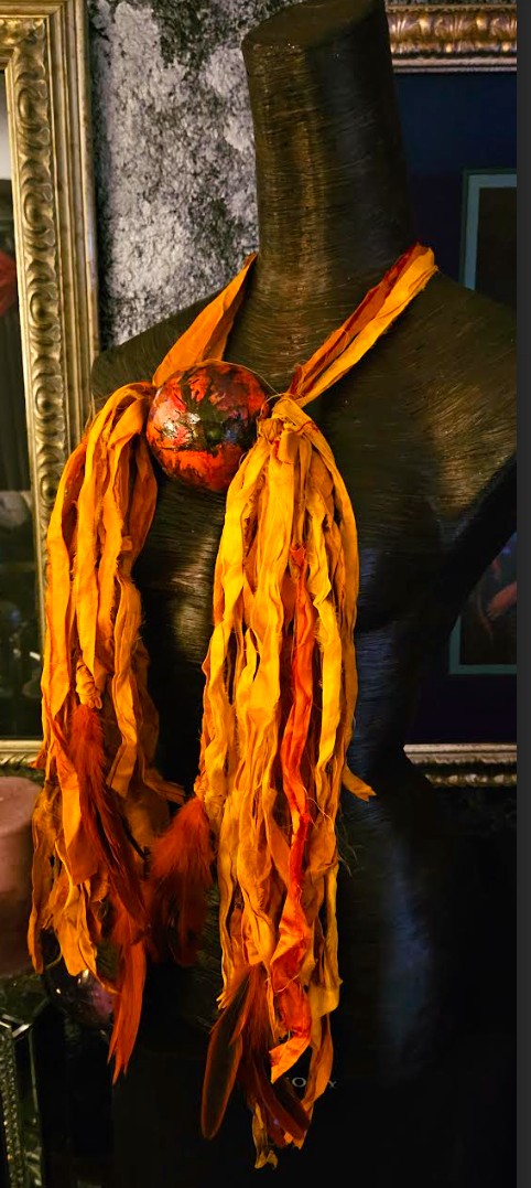 Ombre Orange Sari Silk Feather & Alcohol Ink Chest Piece - Boho Spirit