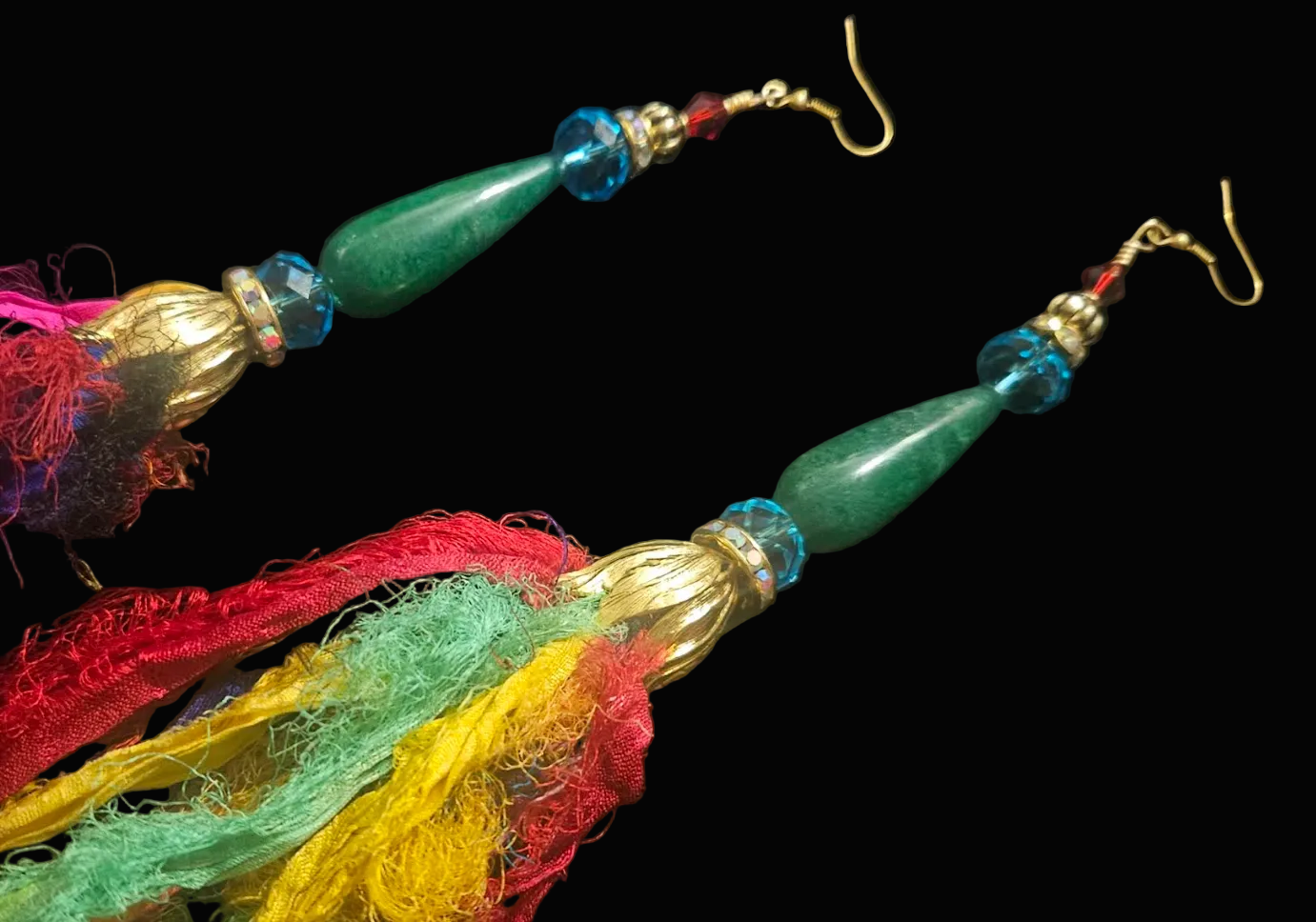 Multi Color Distressed Sari Silk Ribbon Pierced Statement Earrings