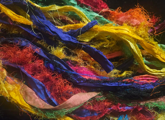 Multi Color Distressed Sari Silk Ribbon Pierced Statement Earrings, Av