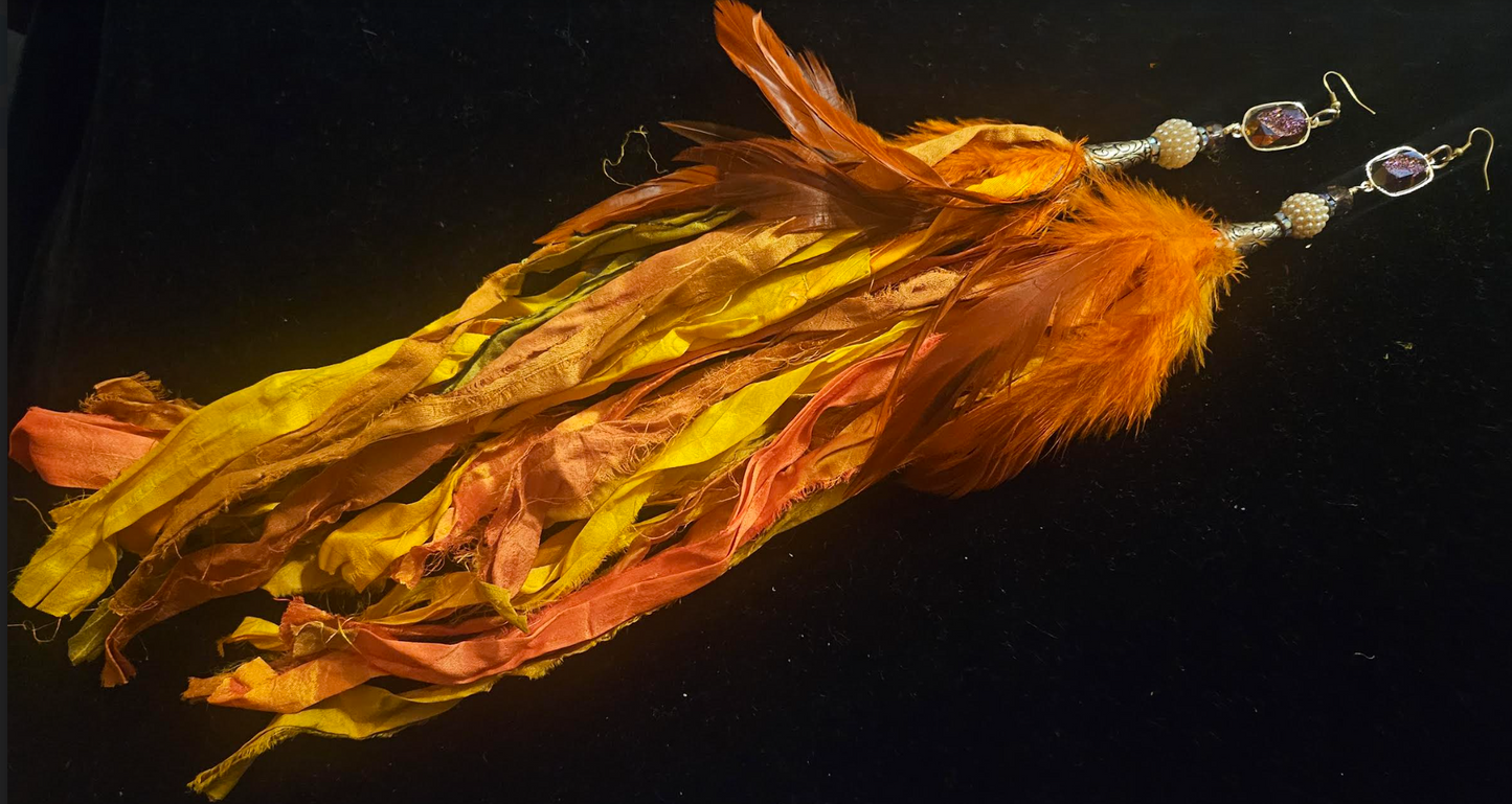Orange Ombre Sari Silk Ribbon & Feather Pierced Statement Earrings, Di