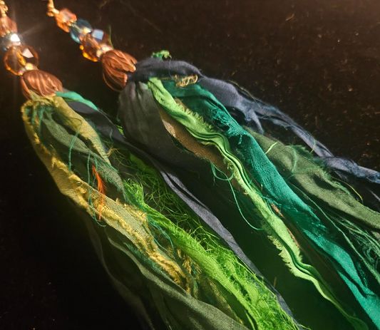 Variegated Green & Blue Raw Long Sari Silk Ribbon Tassle Pierced Ea