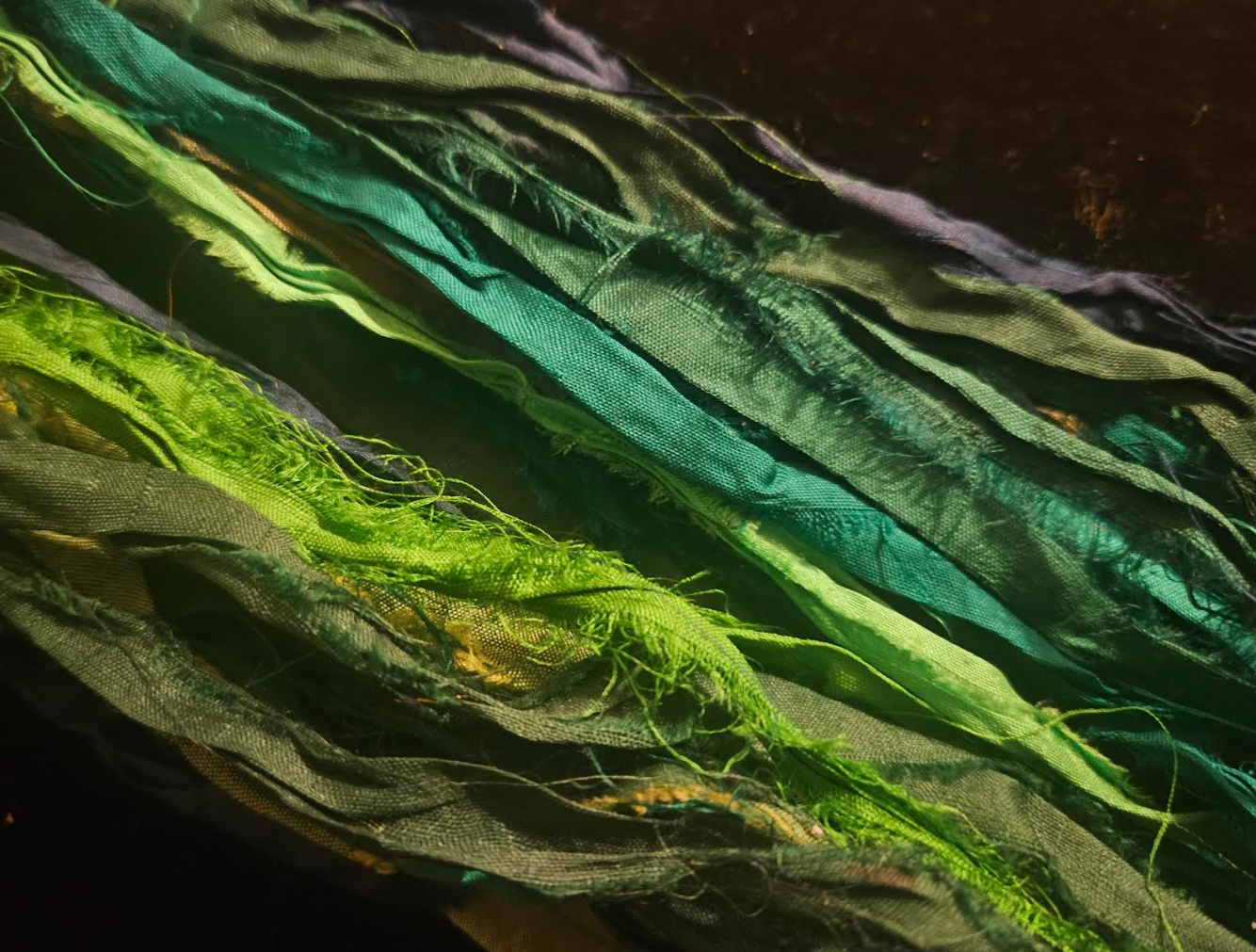 Variegated Green & Blue Raw Long Sari Silk Ribbon Tassle Pierced Ea