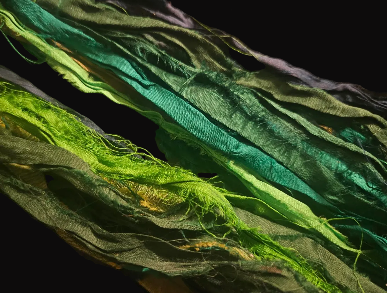 Variegated Green & Blue Raw Long Sari Silk Ribbon Tassle Pierced Ea