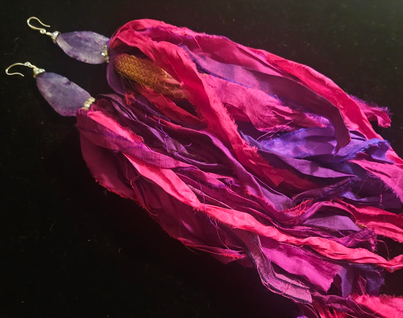 Fuchsia & Purple Sari Silk Ribbon With Agate Pierced Statement Earring