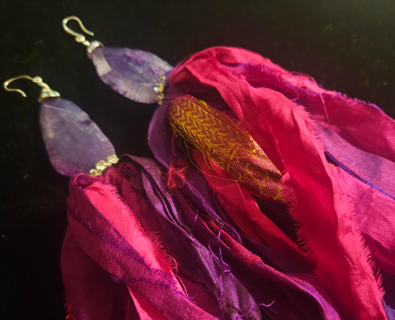 Fuchsia & Purple Sari Silk Ribbon With Agate Pierced Statement Earring