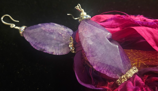 Fuchsia & Purple Sari Silk Ribbon With Agate Pierced Statement Earring