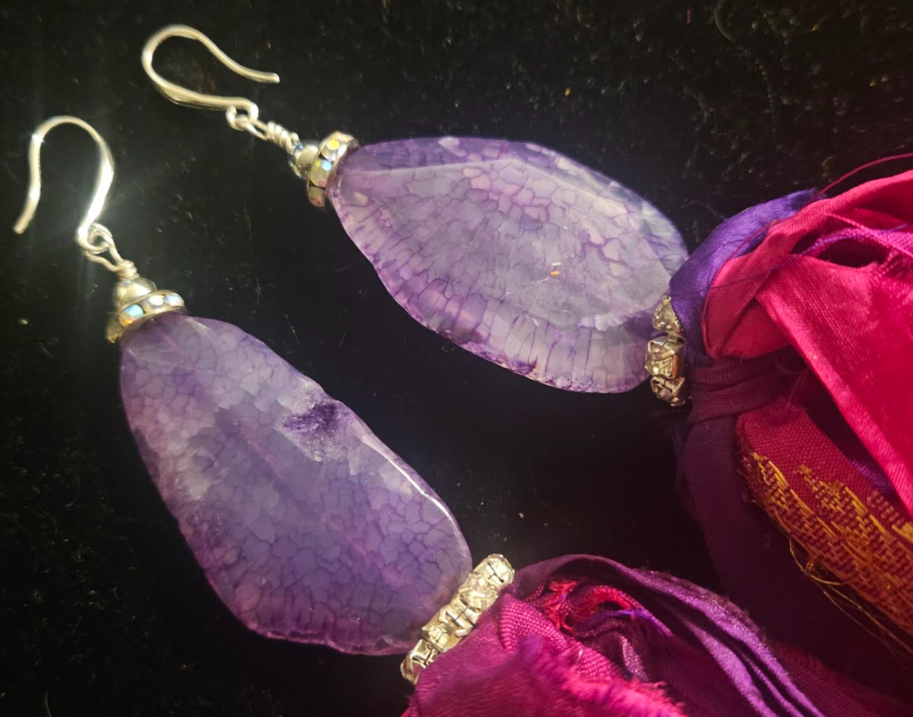 Fuchsia & Purple Sari Silk Ribbon With Agate Pierced Statement Earring
