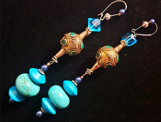 Exotic Ethnic Beaded Shoulder Duster Pierced Statement Earrings, Belly