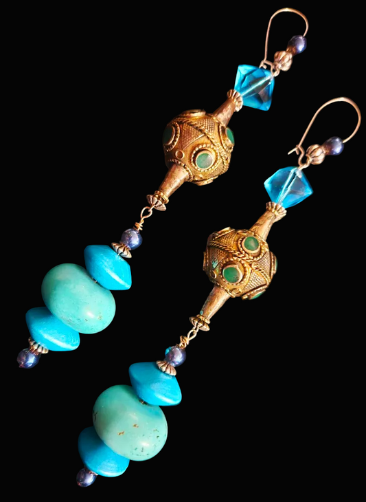 Exotic Ethnic Beaded Shoulder Duster Pierced Statement Earrings