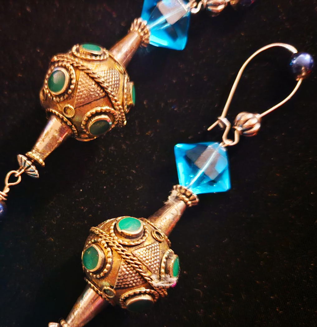 Exotic Ethnic Beaded Shoulder Duster Pierced Statement Earrings, Belly