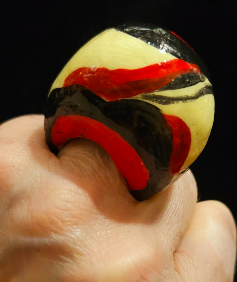 Sculpted Abstract Zebra Print Dome Statement Ring, OOAK Artisan Coc
