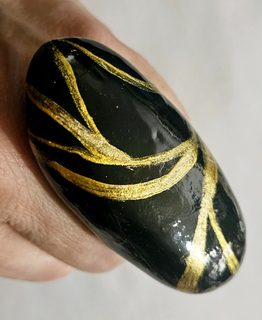 Sculpted Oversized Oval Dome Hand Ring, Black & Gold Women's Statem