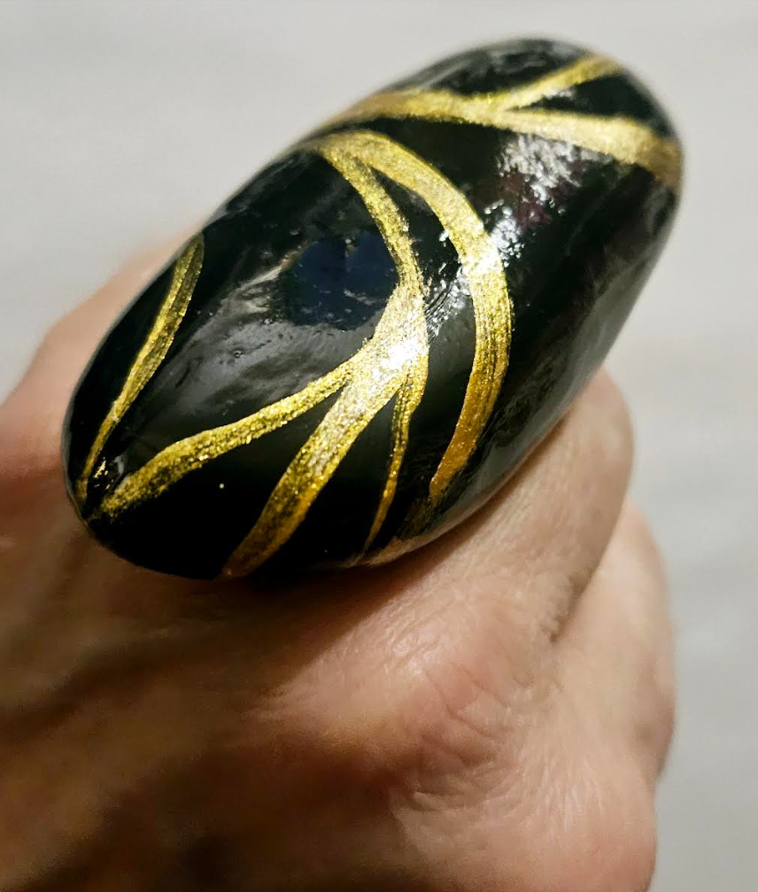 Sculpted Oversized Oval Dome Hand Ring, Black & Gold Women's Statem