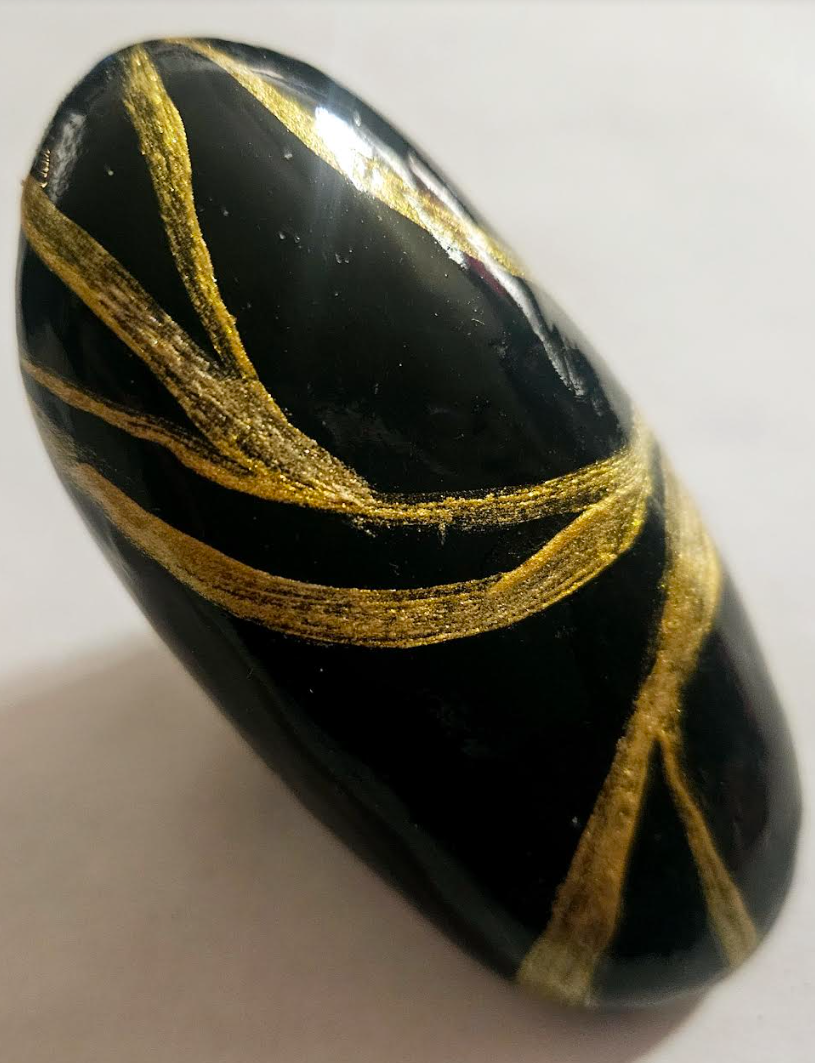 Sculpted Oversized Oval Dome Hand Ring, Black & Gold Women's Statem