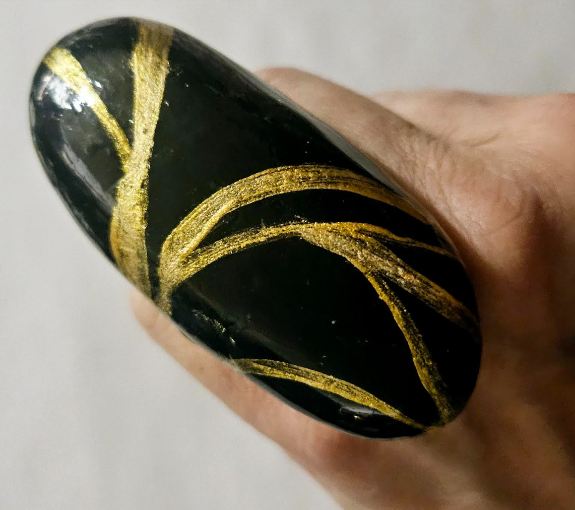 Sculpted Oversized Oval Dome Hand Ring, Black & Gold Women's Statem