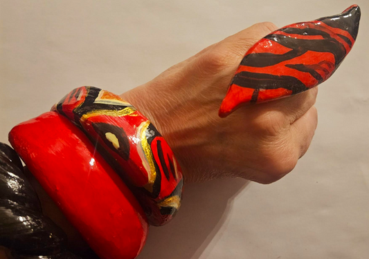Black & Red Zebra Hand Sculpted Hand Ring - Abstract Tribal