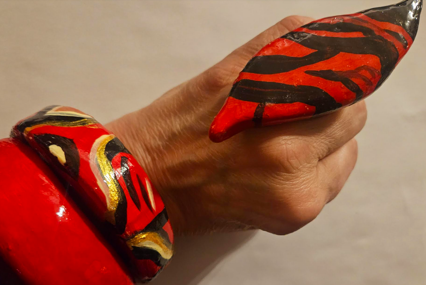 Black & Red Zebra Hand Sculpted Hand Ring - Abstract Tribal