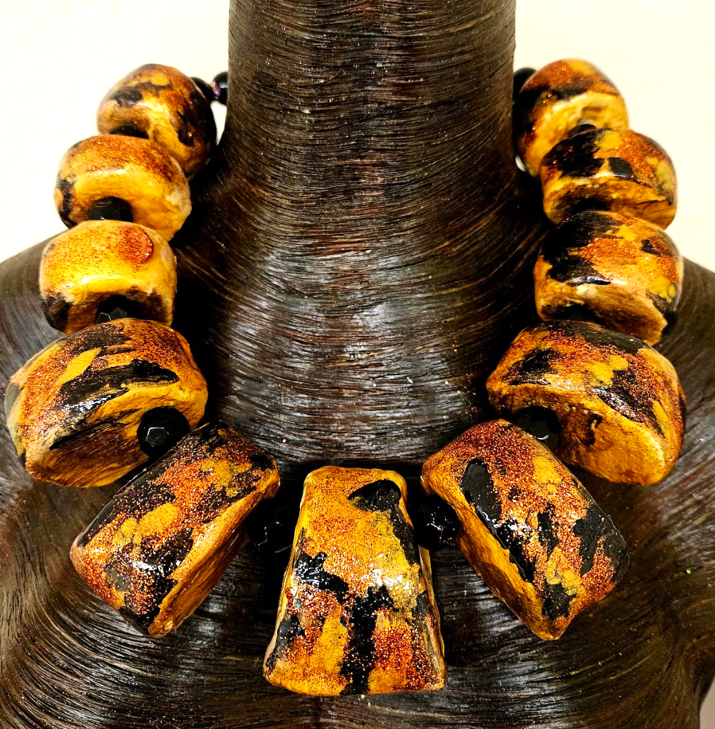 Animal Print Oversized Sculpted Beaded Statement Luxury Necklace