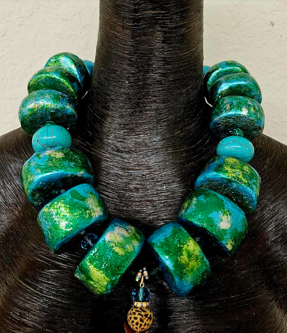 Hand Sculpted Oversized Bead & Sari Silk Ribbon Chest Piece, OOAK A