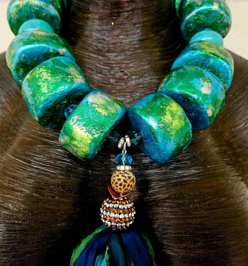 Hand Sculpted Oversized Bead & Sari Silk Ribbon Chest Piece, OOAK A