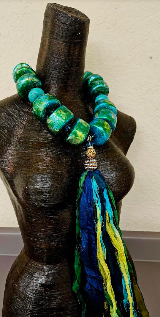 Hand Sculpted Oversized Bead & Sari Silk Ribbon Chest Piece, OOAK A