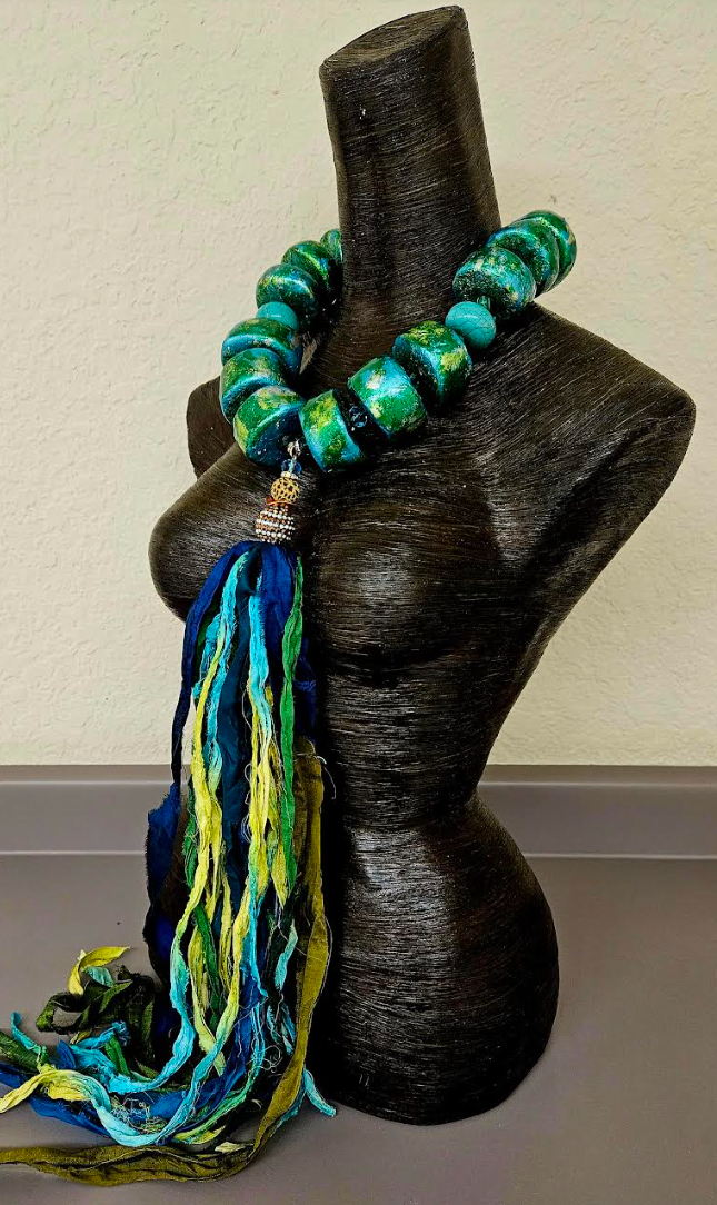 Hand Sculpted Oversized Bead & Sari Silk Ribbon Chest Piece, OOAK A