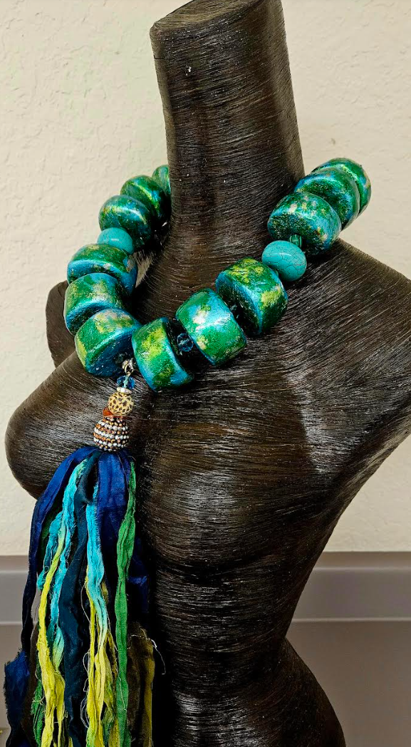 Hand Sculpted Oversized Bead & Sari Silk Ribbon Chest Piece, OOAK A