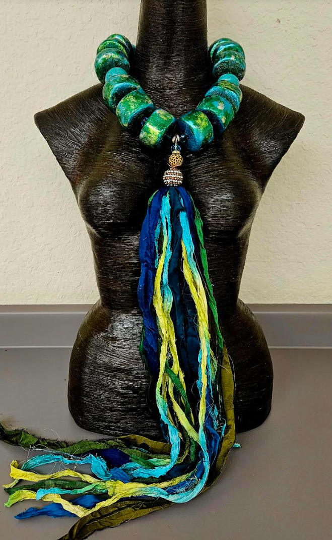Hand Sculpted Oversized Bead & Sari Silk Ribbon Chest Piece, OOAK A