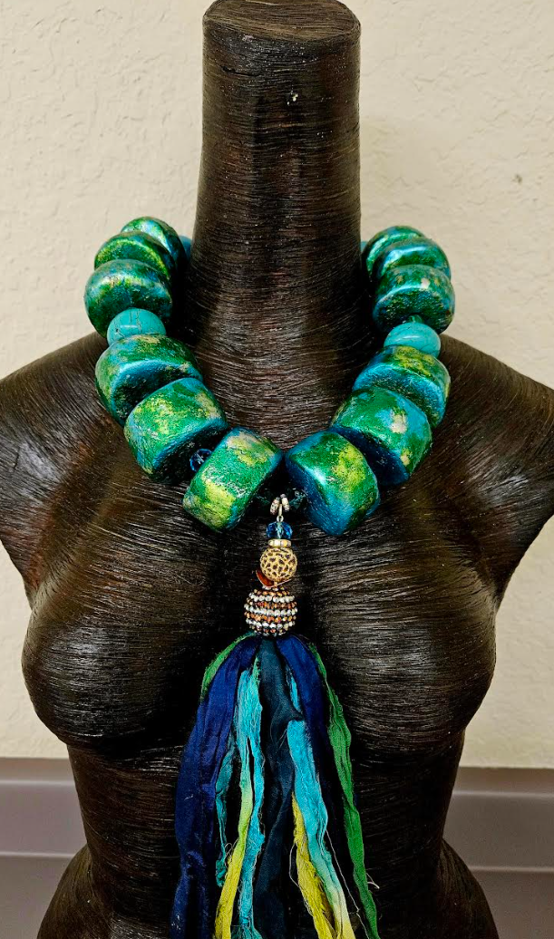 Bespoke Hand Sculpted Oversized Bead & Sari Silk Ribbon Chest Piece