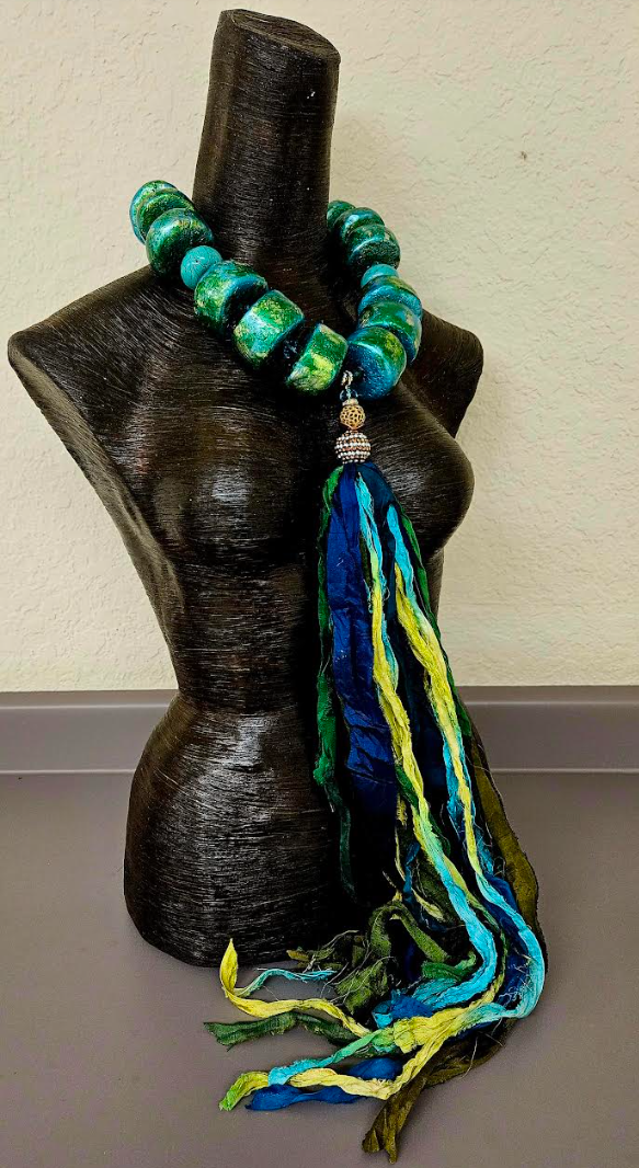 Hand Sculpted Oversized Bead & Sari Silk Ribbon Chest Piece, OOAK A