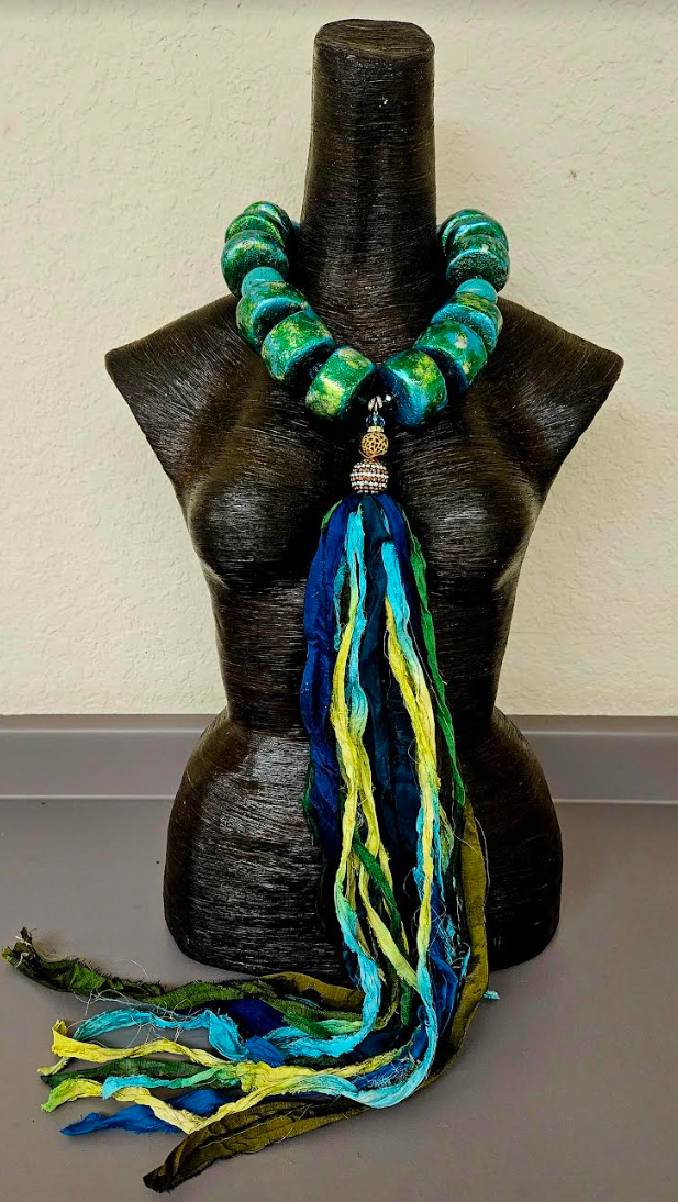 Hand Sculpted Oversized Bead & Sari Silk Ribbon Chest Piece, OOAK A