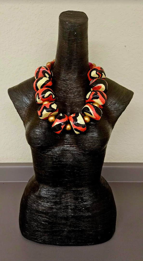 Black Red & Cream Abstract Print Oversized Sculpted Bead Statement