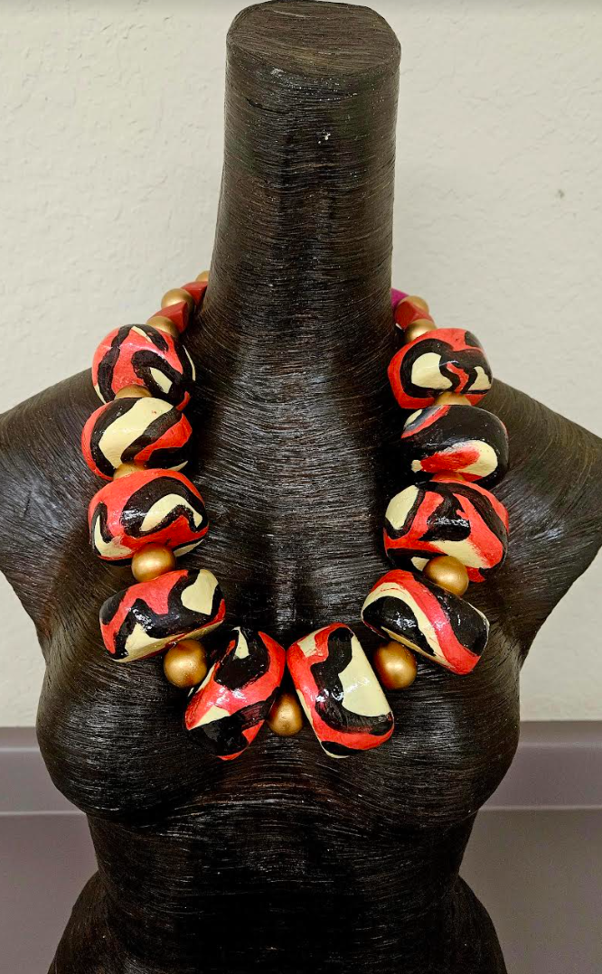Black Red & Cream Abstract Print Oversized Sculpted Bead Statement