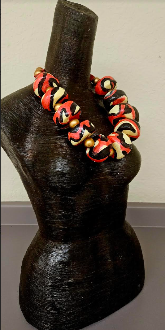 Black Red & Cream Abstract Print Oversized Sculpted Bead Statement