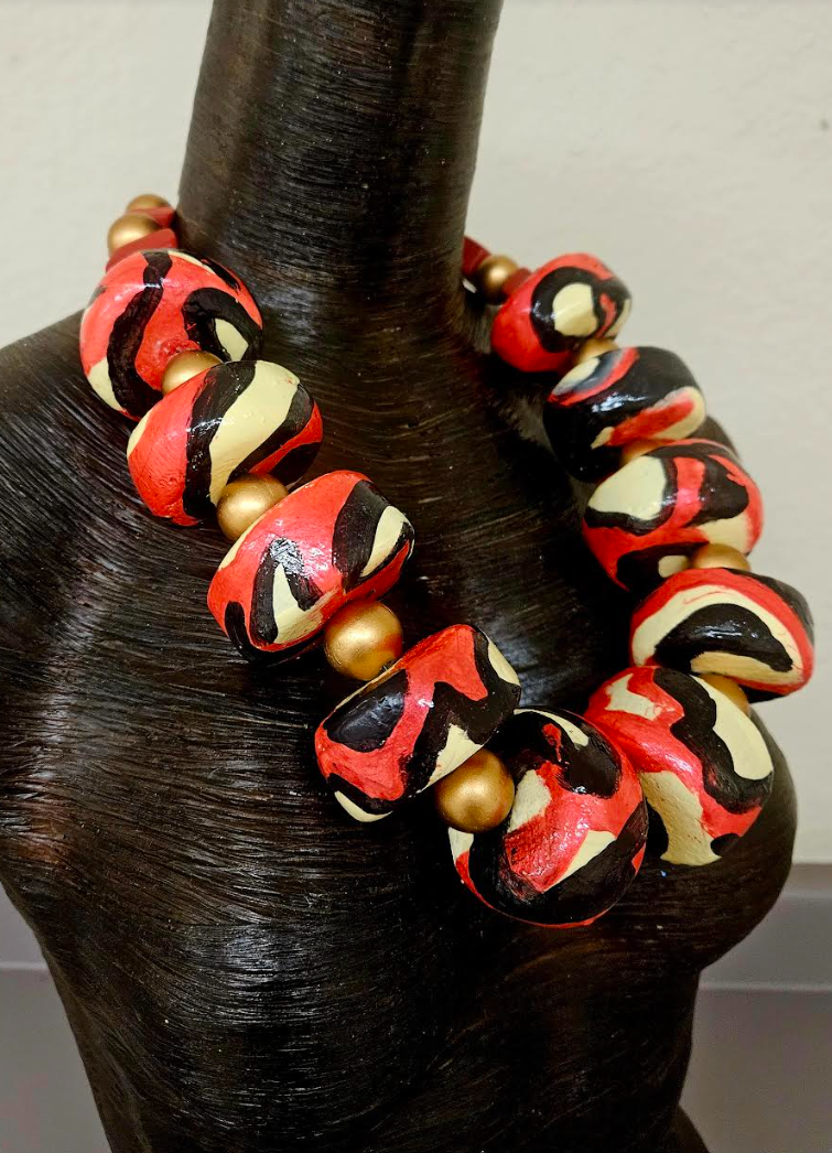 Black Red & Cream Abstract Print Oversized Sculpted Bead Statement