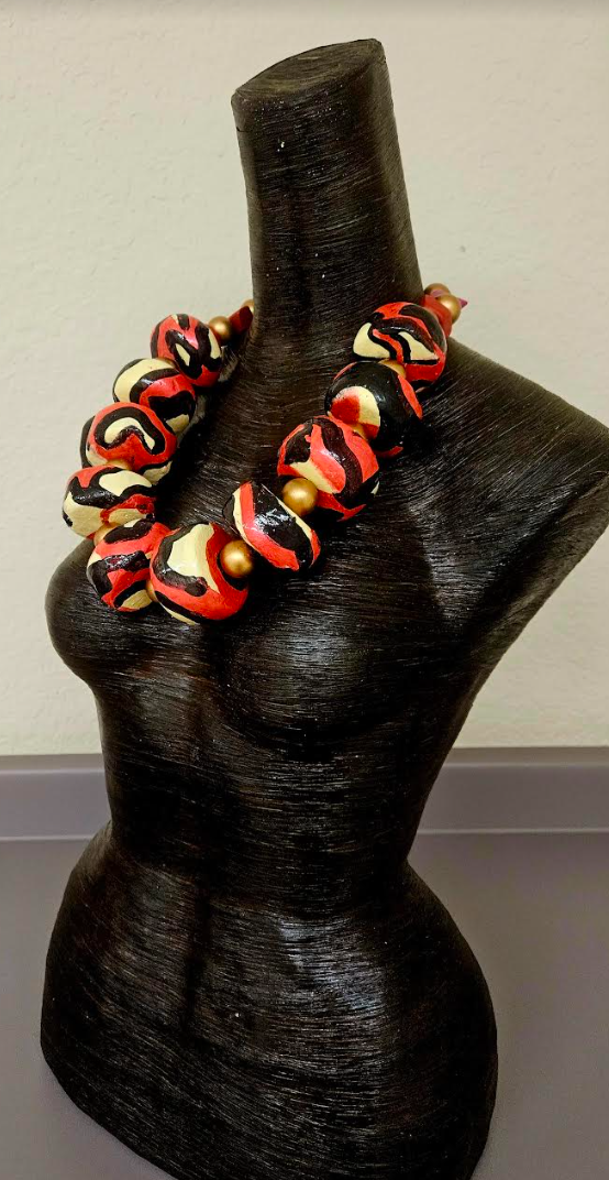 Black Red & Cream Abstract Print Oversized Sculpted Bead Statement
