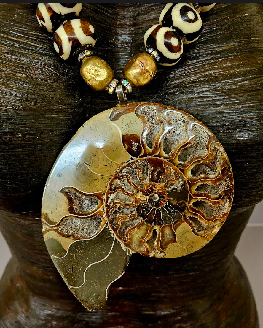 Ammonite Zebu Batik Bone & Wood Unisex Chest Piece -OOAK Wearable Art