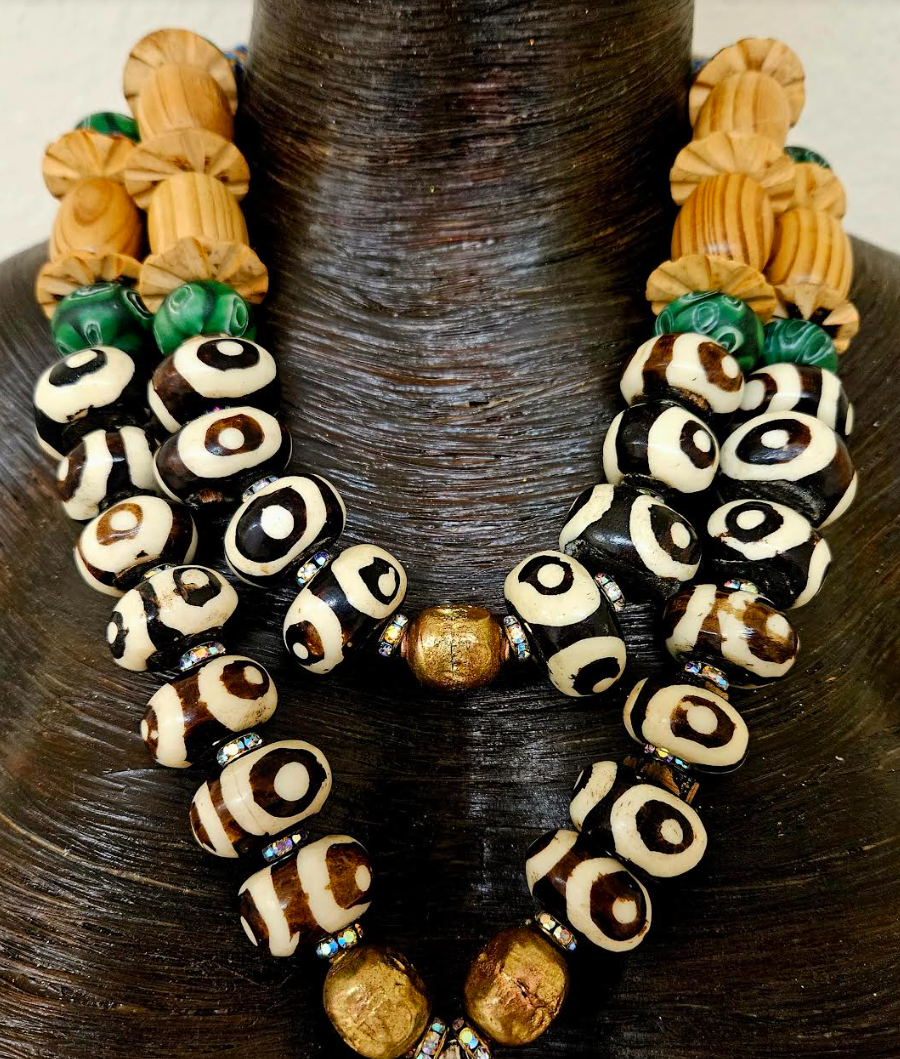 Ammonite Zebu Batik Bone & Wood Unisex Chest Piece -OOAK Wearable Art