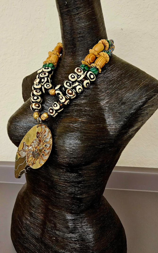 Ammonite Zebu Batik Bone & Wood Unisex Chest Piece -OOAK Wearable Art
