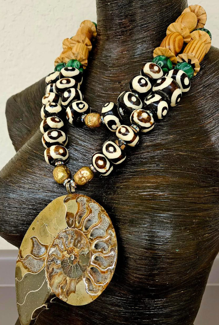 Ammonite Zebu Batik Bone & Wood Unisex Chest Piece -OOAK Wearable Art